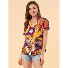 A great shirt to be paired with shorts or jeans. Enjoy the summer with the help of the Hawaiian leaf-printed shirt. Lend a touch of charm to your new season wardrobe with this shirt. Whether on carnivals, festivals, vacations, on the beach, or even at a theme party, you will certainly receive many compliments. Suitable for wearing to the beach. Hawaiian Leaf, Linen Shorts Women, Hawaiian Shirt Women, Floral Leaves, Women's Blouses, Polka Dot Blouse, Beach Shirts, Vintage Shirt, Womens Clothing Sizes