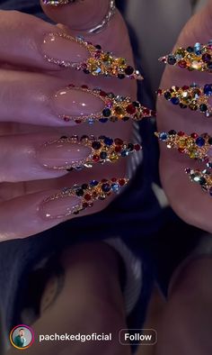 Nails With Earrings, Classy Unique Nails, 25th Birthday Nails Ideas, Square Rhinestone Nails, Stiletto Nail Design Ideas, Expensive Nails Design, Sparkly Nails Design, Nail Piercing Acrylic, Birthday Inspired Nails