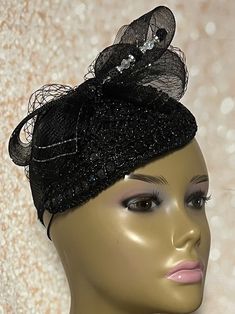 Black Sequin Lace Teardrop Fascinator Half Hat for Church Head Covering, Weddings, Tea Parties and Other Special Occasions The hat is trimmed with rhinestones and hat pin. The hat pin may vary.  The hat affixes to the head via a hatstring.  The hat measures approximately 6 X 8 inches. Handmade Gifts for mom, sister, wife, or yourself. Adjustable Gatsby Style Costume Hats For Evening, Adjustable Gatsby Evening Headpiece, Adjustable Gatsby Style Evening Costume Hat, Fitted Bridal Accessories For Royal Ascot Party, Gatsby Style Party Headband Hat, Black Hat-style Headpieces For Wedding, Black Hat Headpiece For Wedding, Black Hat Style Headpieces For Wedding, Elegant Black Hat For Wedding