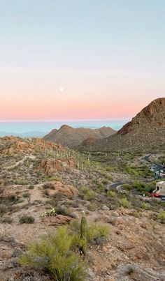 the desert is full of cactus trees and some hills with mountains in the background at sunset