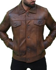 [additional] Men's Vintage Classic Leather Trucker Jacket | Karahub.com USA If you love cowboys or 70’ fashion styles, chances are you would love this vintage leather trucker jacket for men. Its burnt brown shade would surely make you feel like you live in 1970’s Texas, racing off your horse or running away from the sherrif. Or even making a beauty gush over your masochism! Fast forward to 2022 and this classic vintage style still works. Giving you the oomph and swag you need this winters. This Rugged Brown Leather Jacket For Winter, Classic Brown Biker Jacket With Button Closure, Rugged Distressed Brown Leather Biker Jacket, Rugged Brown Leather Jacket, Rugged Distressed Brown Leather Outerwear, Distressed Brown Leather Biker Jacket With Pockets, Rugged Leather Biker Jacket With Pockets, Rugged Distressed Brown Outerwear For Fall, Vintage Brown Rugged Leather Jacket For Fall