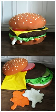 two pictures of a hamburger made out of plastic