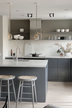 two stools are in front of the kitchen counter