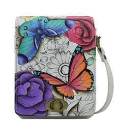 Floral Paradise Flap Convertible Crossbody Belt Bag - 8421 Crossbody Belt Bag, Credit Card Holders, Hand Painted Leather, Leather Belt Bag, White Backdrop, Vintage Theme, Painting Leather, Vibrant Flower, Colorful Butterflies