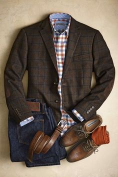 These items are from Johnston & Murphy. They are the Wool-Blend Blazer, Herringbone Check Shirt, J & M Denim, Perfed-Edge Belt, Pima Cotton Socks, Tyndall Wingtip. Fall Fashion Coats, Tweed Jackets, Mens Fashion Edgy, Mens Fashion Smart, Hipster Man, Auburn University, Sharp Dressed Man, His Style