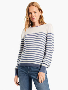 Our fan-favorite Femme Sleeve silhouette has officially arrived in patterns. The horizontal stripes (including the placed stripe at the collar) give it a versatile, eye-catching, and completely classic look. The silo is an easy pullover with a pleat detail at the top of the sleeve and a generous cuff to add even more shape. Mindfully Made with "no waste" knitwear. #nicandzoe #AD Sleeve Silhouette, Petite Sweaters, Fall Denim, No Waste, Horizontal Stripes, Casual Winter Outfits, Paige Denim, Sweater Sale, Dress With Cardigan