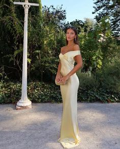 Off Shoulder Satin Bridesmaid Dress - Yellow - Aunomay Bright Weddings, Yellow Formal Dress, Natalie Rolt, Black Tie Wedding Guest Dress, Fancy Stuff, Black Tie Wedding Guests, Yellow Bridesmaid Dresses, Classy Prom Dresses, Wedding Flower Girl Dresses