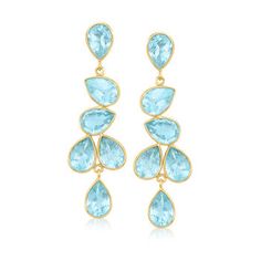 Ross-Simons - 20.00 ct. t.w. Sky Blue Topaz Drop Earrings in 18kt Gold Over Sterling. Celebrate in style at that upcoming occasion. 20.00 ct. t.w. sky blue topaz pears tumble downward in these chic and sophisticated drop earrings crafted in 18kt yellow gold over sterling silver. Hanging length is 2 1/8". Post/clutch, sky blue topaz drop earrings. Sky Blue Topaz Ring, European Wedding, Topaz Color, Blue Topaz Earrings, Aquamarine Jewelry, Onyx Bracelet, Natural Gold, Sky Blue Topaz, Sterling Jewelry