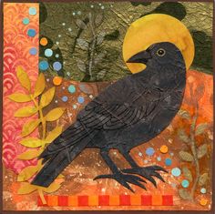 a black bird sitting on top of an orange and yellow patchwork background with leaves