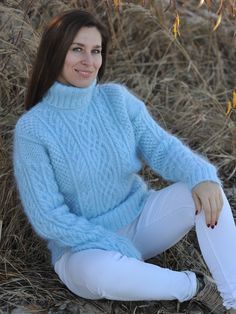 Casual Blue Mohair Sweater, Winter Mohair Sweater With Soft Knit, Winter Mohair Turtleneck Sweater, Cozy Blue Mohair Sweater, Blue Mohair Knitted Sweater, Casual Mohair Sweater For Winter, Blue Hand Knitted Mohair Sweater, Blue Hand-knitted Mohair Sweater, Cozy Mohair Sweater For Winter