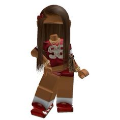 a lego girl with long hair wearing a red and white shirt holding a brown bag