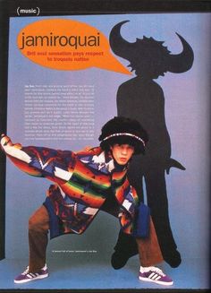 an advertisement for jamiroquai featuring a young man in a colorful shirt and hat