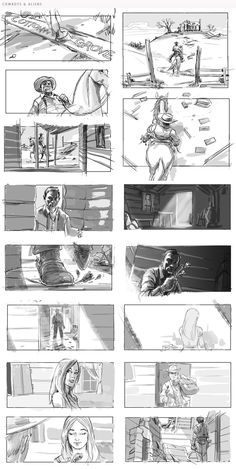 an animation storyboard with various scenes and characters in the same scene, including two people sitting