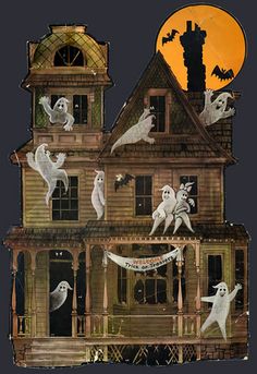 an old house decorated for halloween with spooky ghost decorations