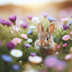 a rabbit sitting in the middle of flowers