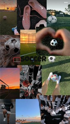 a collage of photos with soccer shoes and balls in the air, on top of grass