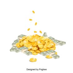 a pile of gold coins sitting on top of a pile of money with the words designed by frogteee above it