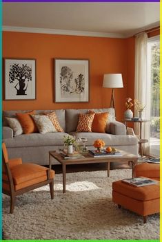 an orange and gray living room with two pictures on the wall above the couches