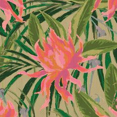 a painting of pink flowers and green leaves