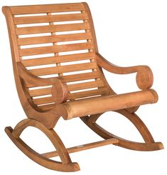 a wooden rocking chair with slatted backrests and foot rests on an isolated white background