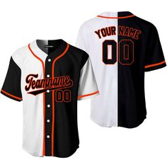 a baseball jersey that is black and white with orange lettering on the front, featuring your name