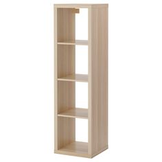 a tall wooden shelf with three shelves on each side