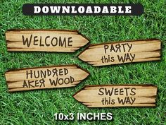 three wooden signs with words on them that say welcome, party, and sweet this way