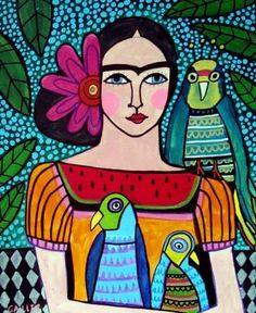 a painting of a woman with birds on her shoulder