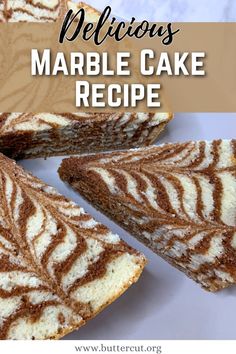 a marble cake is cut into slices and placed on a plate with the title text below it