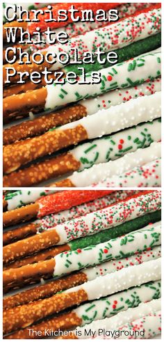 christmas chocolate pretzels stacked on top of each other with the title overlay