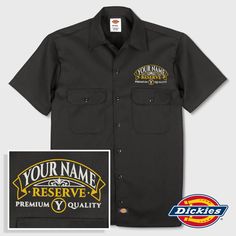 Show your respect for the hard work it takes to produce an amazing bottle of whiskey! Our custom embroidered work shirt is a great way to look your best while drinking the finest reserve batch! Dickies brand 5.2 oz. 65% polyester/35% cotton twill, wrinkle resistant Custom embroidered above left pocket Moisture wicking and stain release finish; melamine buttons for durability Two chest buttoned pockets and pencil division Dickies logo patch at bottom of placket Custom Garages, Gift Friend, Work Shirt, Personalized Embroidered, The Ranch, Work Shirts, Your Name, Division, Patch Logo