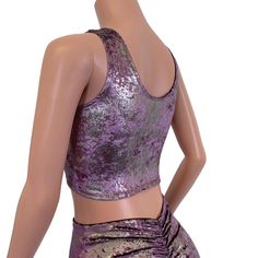 Crop Tank Top - Plum/Gunmetal Gilded Velvet– Peridot Clothing Metallic Fitted Tank Top, Metallic Fitted Tank Top For Night Out, Fitted Purple Tank Top For Night Out, Fitted Disco Crop Top, Metallic Fitted Disco Crop Top, Metallic Cropped Disco Crop Top, Purple Crop Top For Night Out, Fitted Sleeveless Rave Crop Top, Purple Fitted Cropped Tank Top