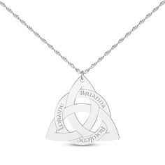 Family heritage runs deep in this personalized Celtic Triquetra necklace. Crafted in sterling silver Customize with the names of your choice The 16-inch rope chain with 2-inch extender secures with a spring ring clasp Celtic Triangle, Triquetra Necklace, Celtic Triquetra, Family Heritage, Accessories Jewelry Necklace, Rope Chain, Name Necklace, Spring Rings, Jewelry Accessories