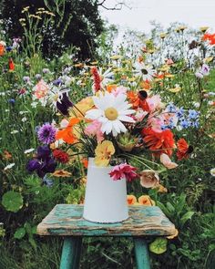 a white vase filled with colorful flowers sitting on top of a wooden bench in a field