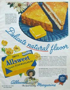 an advertisement for allsweet cheese cake with flowers on the plate and butter in it