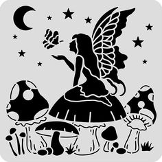 a black and white image of a fairy sitting on top of mushrooms with stars in the background