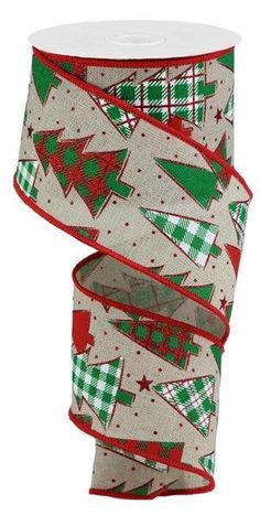 Plaid Christmas Tree Royal Wired Ribbon : Natural Beige, Red, Emerald, White - 2.5 Inches x 10 Yards (30 Feet) Red Green Christmas, Linen Ribbon, Plaid Christmas Tree, Ribbon On Christmas Tree, Ribbon Wreath, Multi Pattern, Green Christmas Tree, Christmas Print, White Christmas Tree