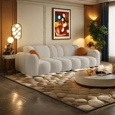 a living room filled with white furniture and lots of pillows on top of a rug