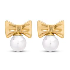 Cultured Pearl Child's Earrings 14K Yellow Gold | Kay Classic Gold Bow Earrings, Classic Bow Earrings For Anniversary, Gold Pearl Earrings With Bow For Gift, Gold Pearl Earrings With Bow As Gift, Cultured Stone, Kay Jewelers, Kids Earrings, Pearl Types, Freshwater Cultured Pearls