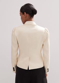 Cotton Herringbone Fitted Short Blazer | ME+EM Elegant Tailored Cream Bottoms, Elegant Cream Bottoms For Workwear, Elegant Cream Bottoms For Work, Elegant Structured Office Bottoms, Elegant Structured Bottoms For Office, Elegant Fitted Cream Bottoms, Classic Cream Office Bottoms, Semi-formal Structured Bottoms, Fitted Structured Semi-formal Bottoms