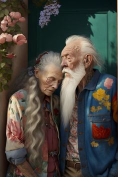 an old man and woman standing next to each other