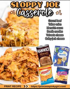 an advertisement for sloppy joe casserole with pictures of it