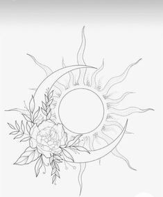 a drawing of the sun and moon with flowers on it's side, in black and white