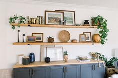 a living room filled with furniture and lots of plants on top of wooden shelfs