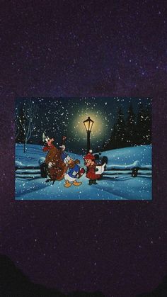 an animated christmas scene with santa claus and his family in the snow at night under a street light