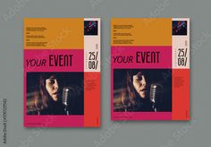 two brochures with an image of a woman singing into a microphone and the words your event on it