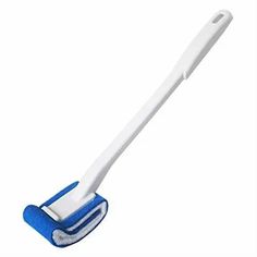 a blue and white toothbrush on a white background