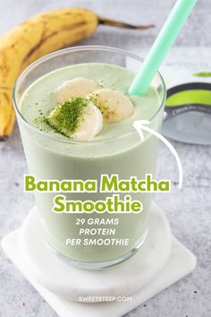 banana matcha smoothie in a glass with green garnish