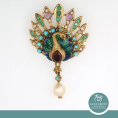 Vintage Multi Gemstone Diamond Peacock Enamel Brooch Pin Pendant 14K Yellow Gold 2.35" Metal: 14K Yellow Gold  Hallmark: 14K Brooch Measurements: 2.35" in Length x 38 mm in Width & 7 mm Thick Weight: 18.5 gr total gram weight Approximately 3.00 CTW Gemstones:  13 Round Emerald Gemstones, measuring 2.5 mm Each, weighing 1.30 CTW 11 Round Turquoise Gemstones, measuring 3.5 mm Each 1 Oval Garnet Gemstone, measuring 8 x 6 mm, weighing 1.40 CTW 1 Round Freshwater Pearl measuring 7.3 mm in Diameter Diamonds: 10 Natural, Irregular Cut Diamonds, Totaling Approximately 0.20 - 0.30 TW Diamond Quality: G-H Color; SI-I1 Clarity Closure: Pin Clasp, for a secure, worry-free wear Pendant's Bale can accommodate a Chain or Necklace of 4 mm or less Inventory number: BRCH-1420615 Condition: Good preloved con Luxury Peacock Design Jewelry, Elegant Peacock Design Brooch For Formal Occasions, Elegant Peacock Design Brooch For Formal Wear, Elegant Peacock Design Brooch For Wedding, Elegant Wedding Brooch With Peacock Design, Elegant Peacock Design Wedding Brooch, Peacock Colored Wedding Brooch Jewelry, Delray Beach, Pin Pendant