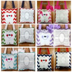 many different pictures of tooth shaped bags with bows on them and the names of each bag